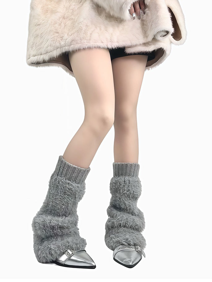 オフホワイト/グレー/ブラック ニットカフス プラッシュレッグウォーマー