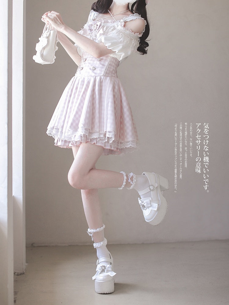 Top with Off-the-shoulder Jirai Kei Apricot Neckline and Pink Lace Trim