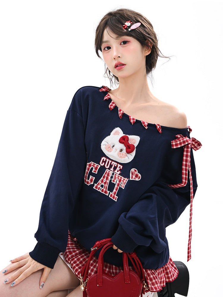 Red Asymmetrical Neckline Kitty Embroidery Applique Navy Plaid Self-tie Sweatshirt Straps at Blue