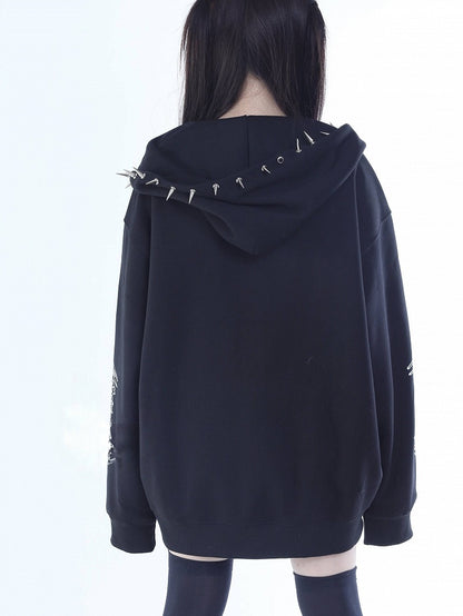 Hoodie Kei Rivet-Decorated Zip Black Jirai White Printed