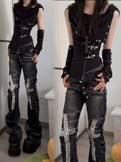 Dark Punk Black Asymmetric Cowl Neck Hooded Top - Blazed Field