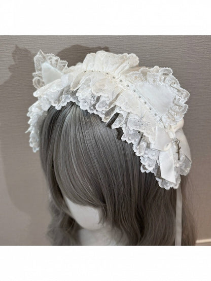 Lace Lolita Hairband with Cat Ear Design in White and Black - Magic Diary
