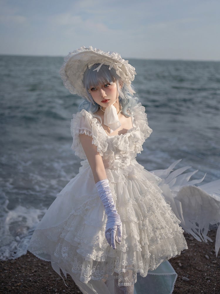 Pattern Layered Bow Lolita Accents White Musical Note Dress Lace and with