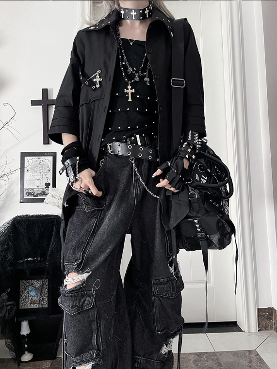 Back Cross Short-Sleeve Print Punk Hem Shirt Asymmetrical Black with