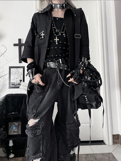 Back Cross Short-Sleeve Print Punk Hem Shirt Asymmetrical Black with