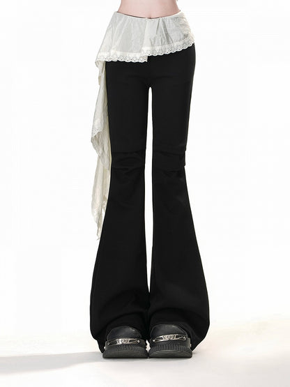 Black Elastic Waist Patchwork Design Hem Flared Pants Asymmetrical