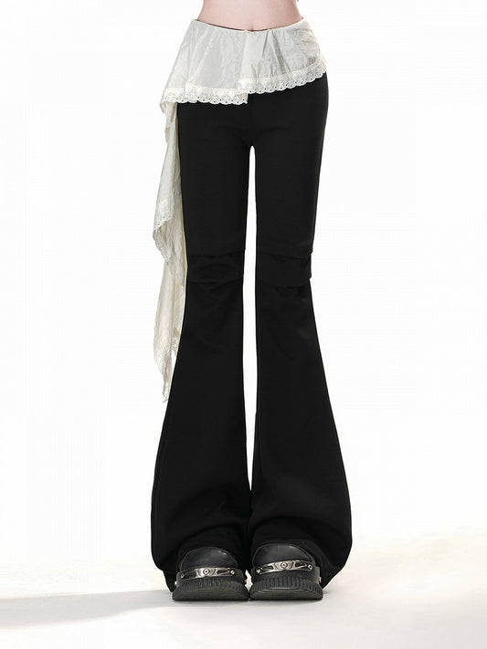 Black Elastic Waist Patchwork Design Hem Flared Pants Asymmetrical