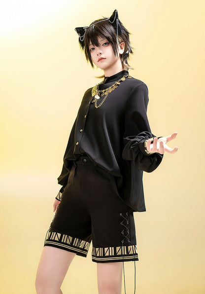 ロング刺繍シャツスタイルブラックカフスゴールドロリータ王子スリーブエジプト