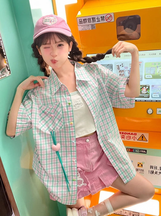 Placket Heart Short Star Button Sleeves Shirt Plaid  Drawstring Green/Yellow