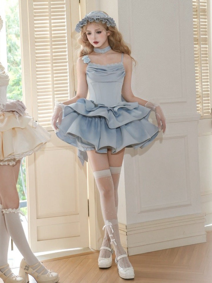 Set mit Stäbchen, JSK-Taille, volle Träger, elegantes blaues Kleid mit Ausschnitt, Wasserfallausschnitt, Spaghetti-Lolita