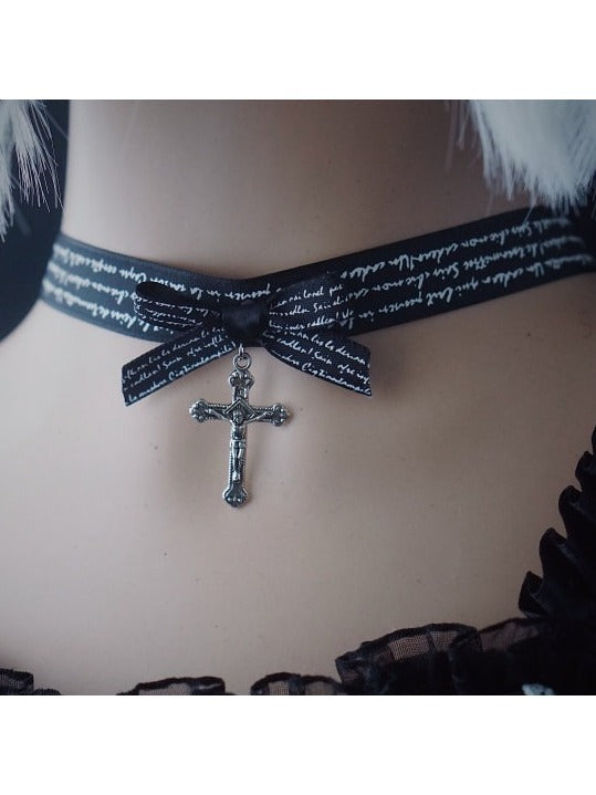 Gothic Black Bow Choker with Cross Pendant - Strange Sugar