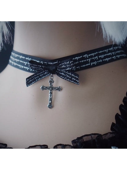 Gothic Black Bow Choker with Cross Pendant - Strange Sugar
