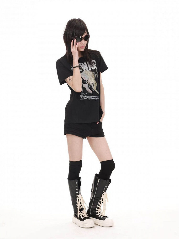 Genderless Punk Black Tee with Girl Rhinestone Print - DETW OnLine
