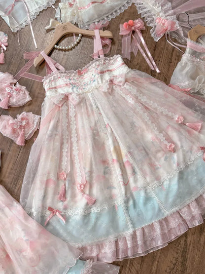 Rosa Han Lolita-Kleid mit Empire-Taille in Pfirsich- und Pfirsichblüten-Print