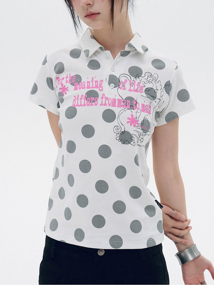White Gray Polka Dot Polo Shirt with Letter Print - innomoood
