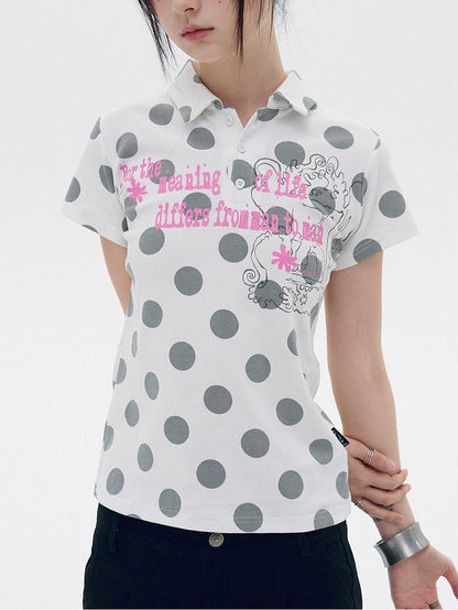 White Gray Polka Dot Polo Shirt with Letter Print - innomoood