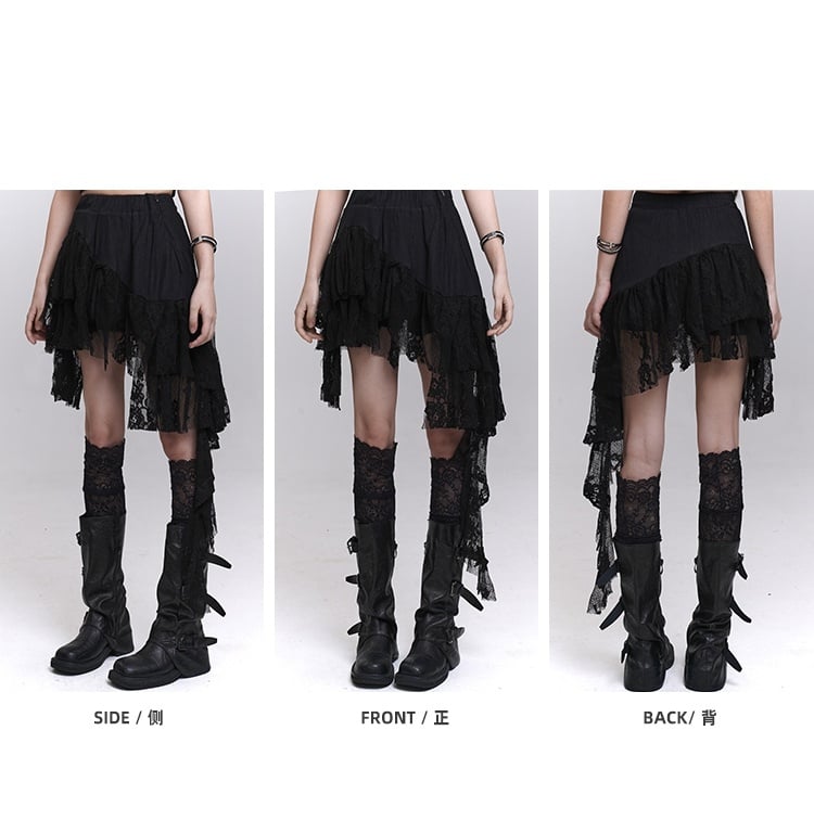 Patchwork Black Lace Cascading Ruffles Skirt
