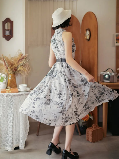 ブレザーカラー 1950年代 レトロドレス 夏ファッション プリント 新聞