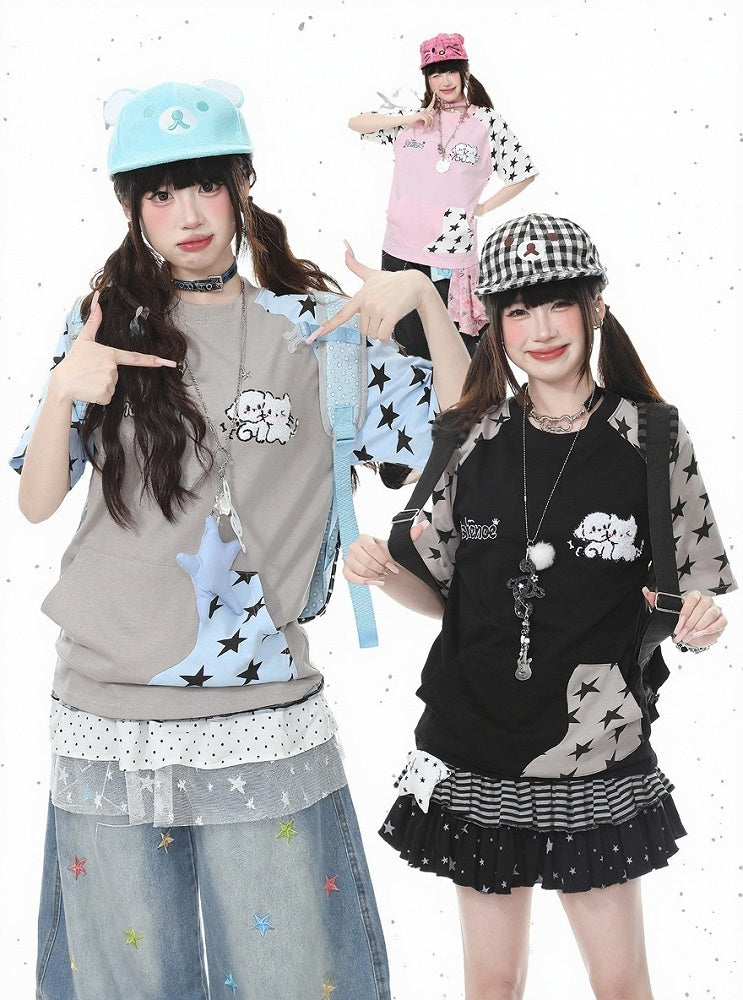 Gray Star Pattern Short Sleeve Top with Kitty Embroidery - Languid Park