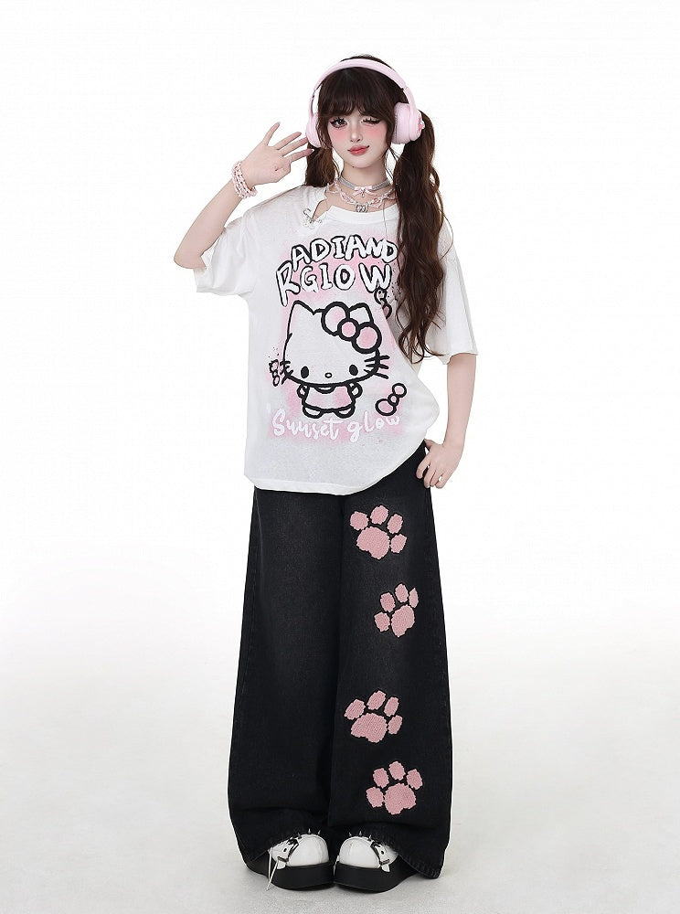 Taille Straight-Leg Jeans Rosa Pfotenstickerei Schwarz Niedrig
