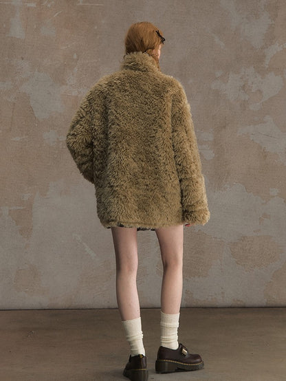 Reversible Suede and Fleece Coat with Fluffy Accents Khaki/Dark Brown