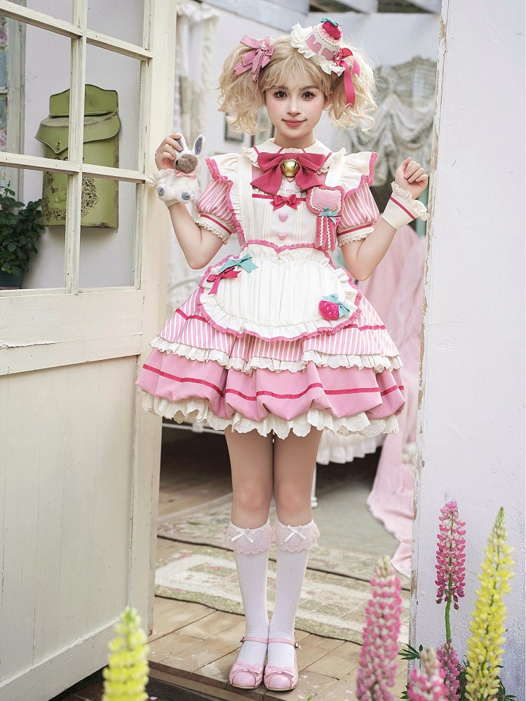Strawberry Theme Sweet Lolita OP with Apron, Sakura Pink Striped Pattern - Sakurahime