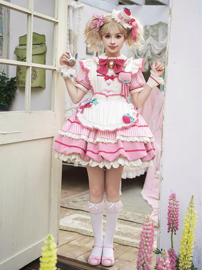 Strawberry Theme Sweet Lolita OP with Apron, Sakura Pink Striped Pattern - Sakurahime
