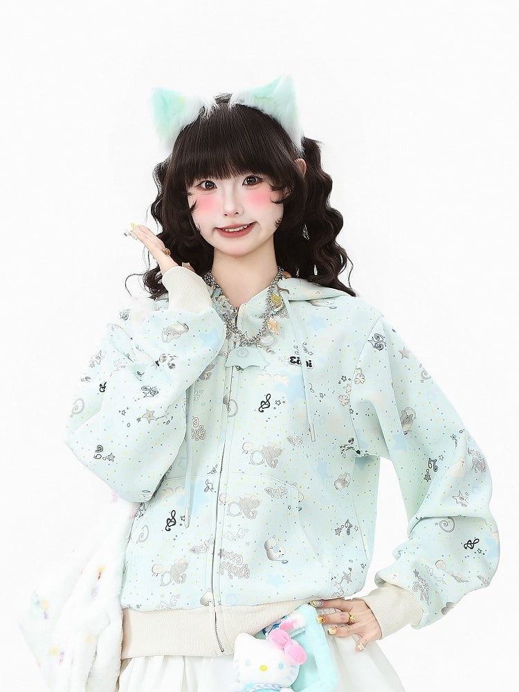 Closure Apricot/Green Zipper with Kawaii Daily Hoodie Jacket