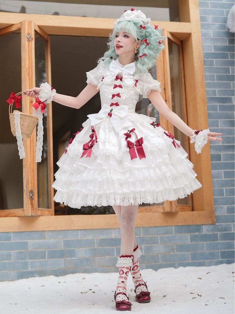 ホワイトストロベリープリンセスレイヤードフリルドレス、取り外し可能なパフスリーブ付きスイートロリータジャンパースカート
