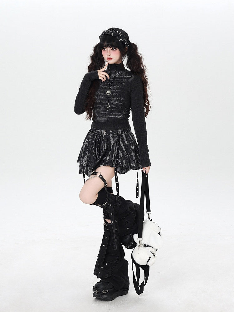 Thin Waist Top Letter with Fleece Black High-neck Ruched Print