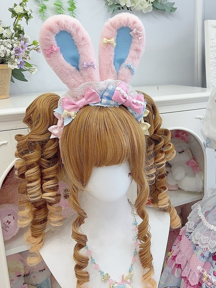 Pattern Polka-dot Black/BluePink Details Bunny Size Ear Thicken Version KC Plush Bowknot Large And Plaid