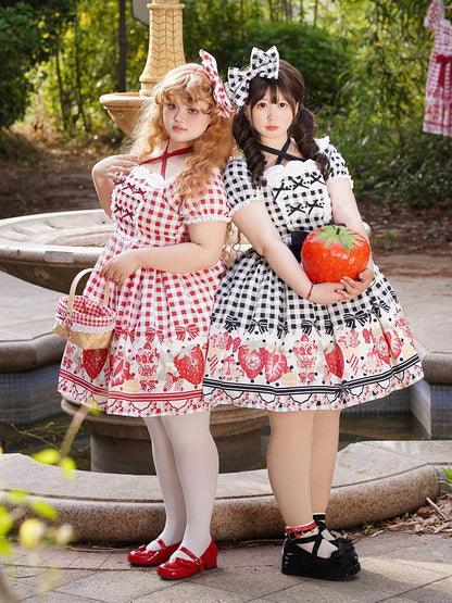 Dress Red Size Bow Gingham Lolita and Print Plus Strawberry