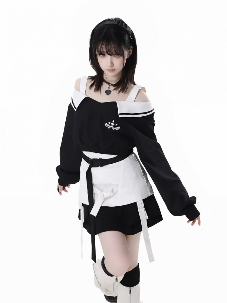 Punk Techwear Schwarzes futuristisches Cropped-Sweatshirt mit V-Ausschnitt Wasteland