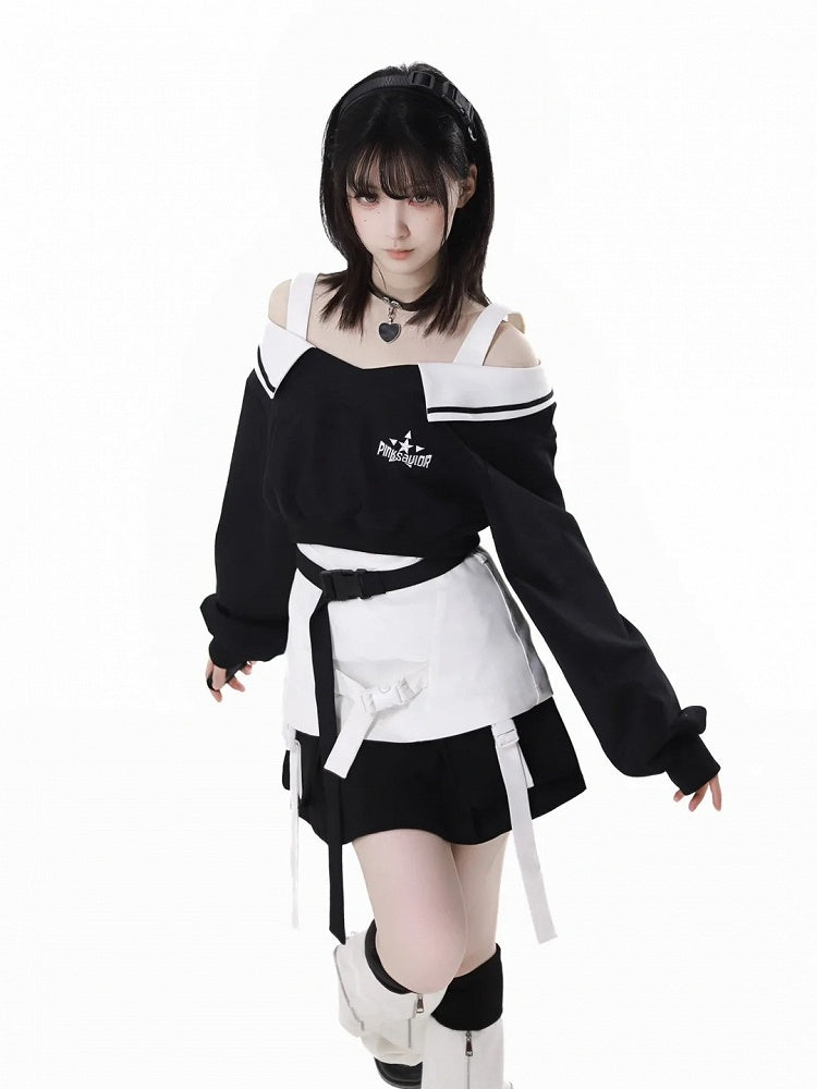 Wasteland Schwarz V-Ausschnitt Futuristisches Techwear Cropped Sweatshirt Punk