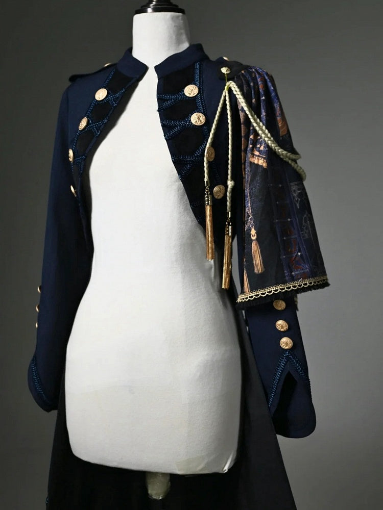Dark Blue Detachable One-Shoulder Cape Coat
