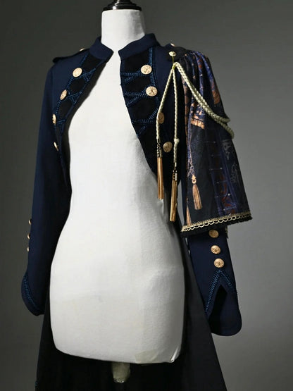Dark Blue Detachable One-Shoulder Cape Coat