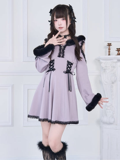 Trim Hoodie Jirai Cutout Contrast Purple Kei Chains Dress: Shoulder Beaded Black with Plush