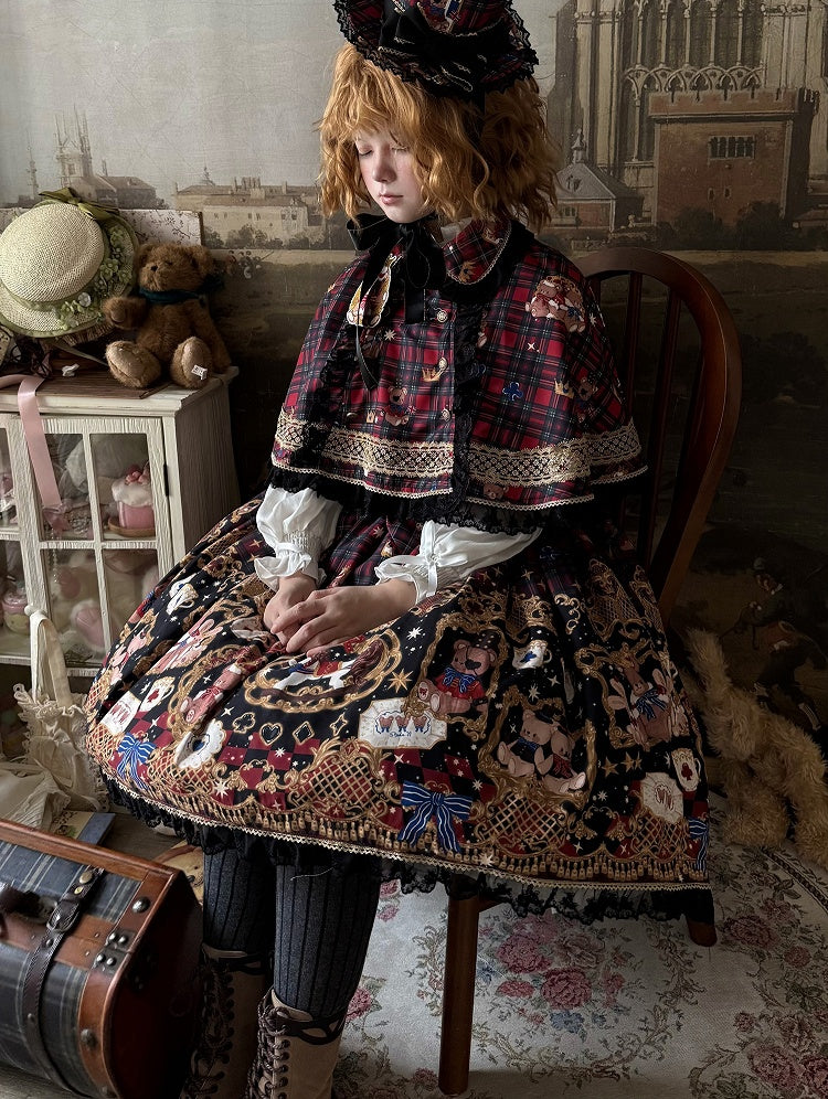 Plaid Trim Lace Lolita with Red Cape Black