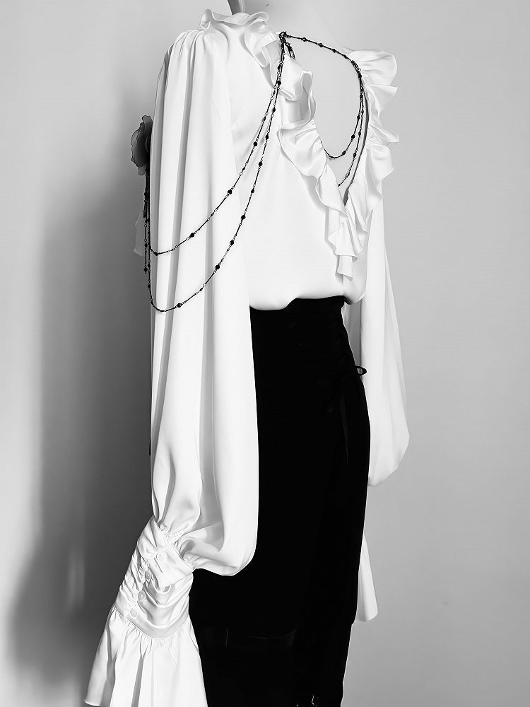 Ivory Cascading Ruffle Shirt with Gray Floral Chains - Shi Zhi Mao