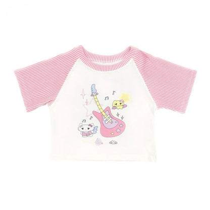 Weißes, rosa gestreiftes Crop-Top mit Kätzchen- und Gitarren-Print
