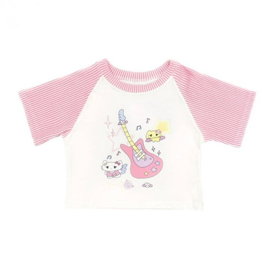 ホワイトピンクのストライプ、キティとギターのプリント、クロップドトップス