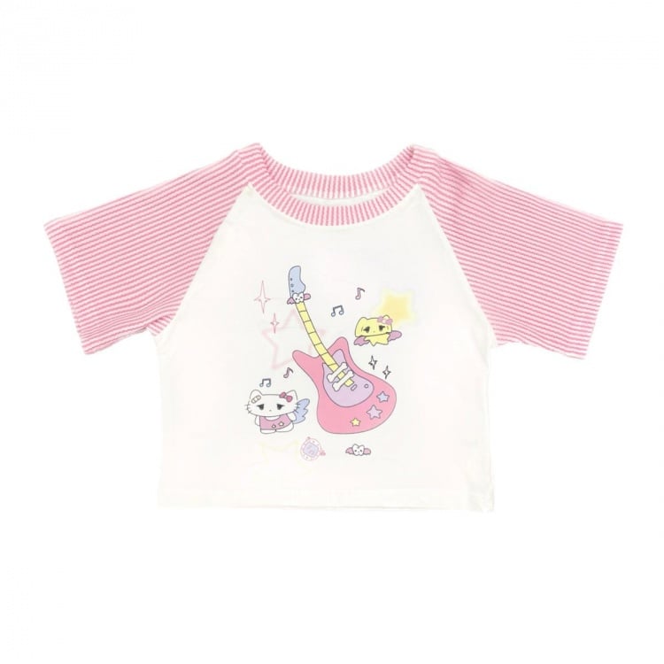 White Pink Stripe Kitty and Guitar Print Cropped Top