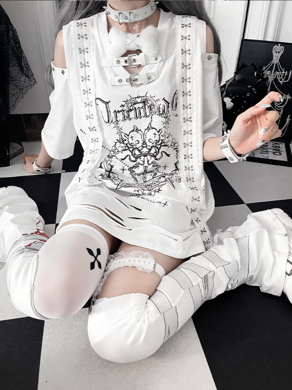 White Straps Short Trimmed Gothic Cutouts Shoulder with Sleeve Drop T-shirt Print Cross Lace Shoudler