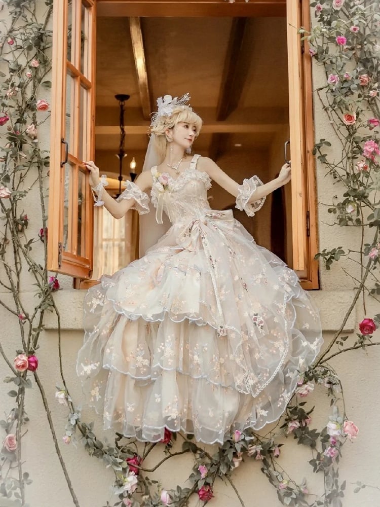 Wrist Full Painting-Inspired Apricot Lolita Skirt + Set Short Elegant Embroidered Cuffs Hanayome JSK - Oil Extension Large Floral Dress White Bow Brooch