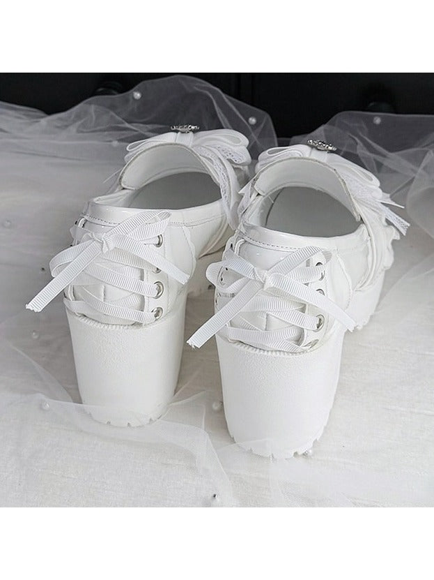 White Kawaii Shoes with Bow, Lace & Heart Crystal Detail - Sarina
