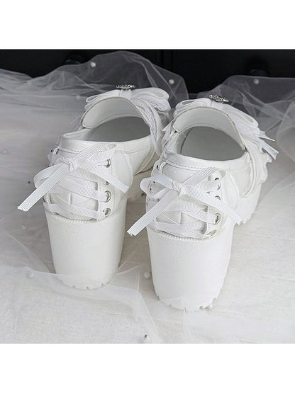 White Kawaii Shoes with Bow, Lace & Heart Crystal Detail - Sarina