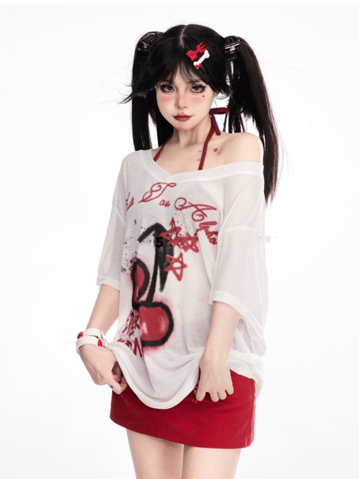 White V-Neck Cherry Print Semi-sheer Coverup