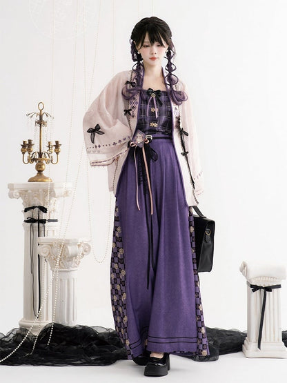 Checked Pattern Chinese Song-style Elastic Waist Wide-leg Pants - Luo Xiu Dong Xiang