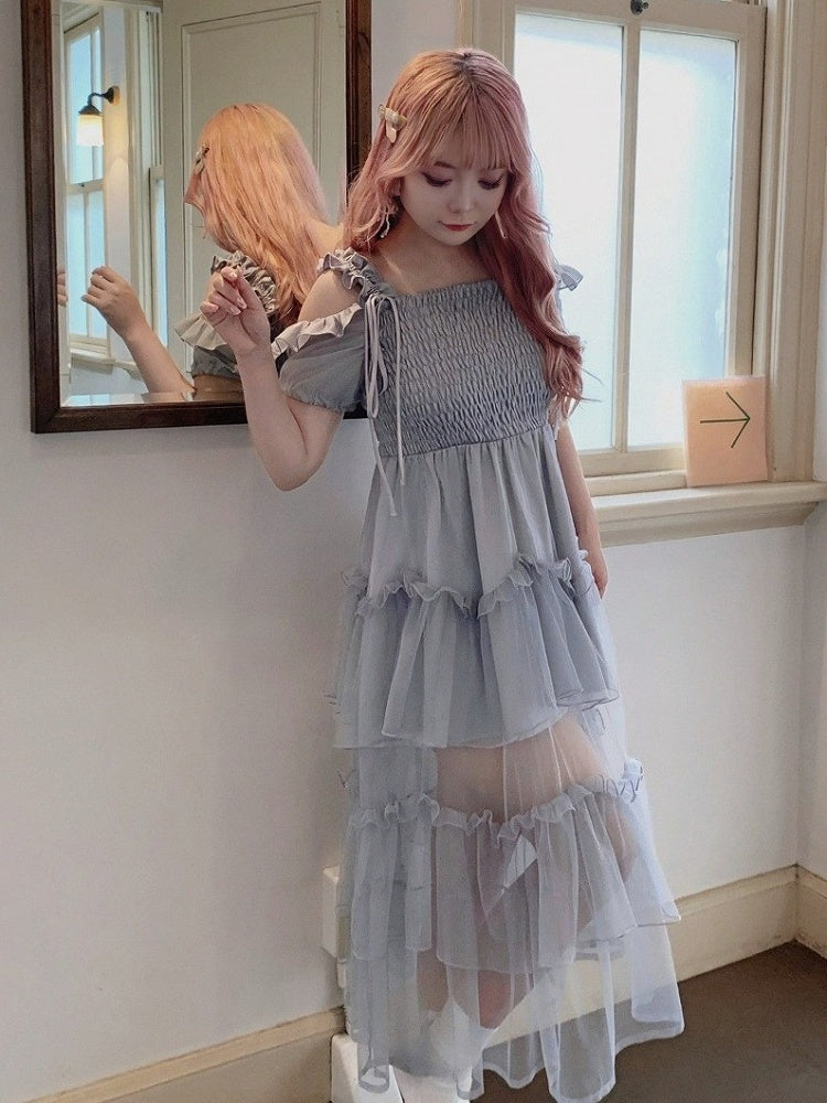 Dusty Blue Puff-Sleeve Dress with Tiered Tulle Hem - Smyster