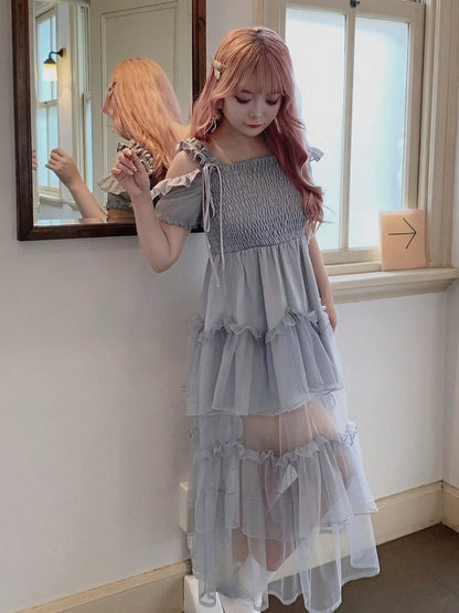 Dusty Blue Puff-Sleeve Dress with Tiered Tulle Hem - Smyster